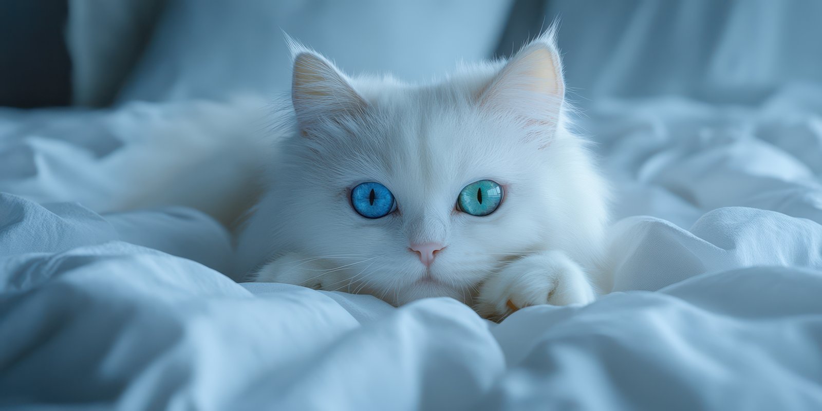 White cat with striking blue eyes rests on bed during tranquil morning hours